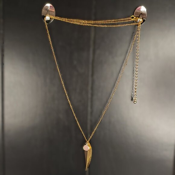 Gold Feather and Pink Circle Pendants on Long Gold Chain Necklace Adjustable - Picture 1 of 3